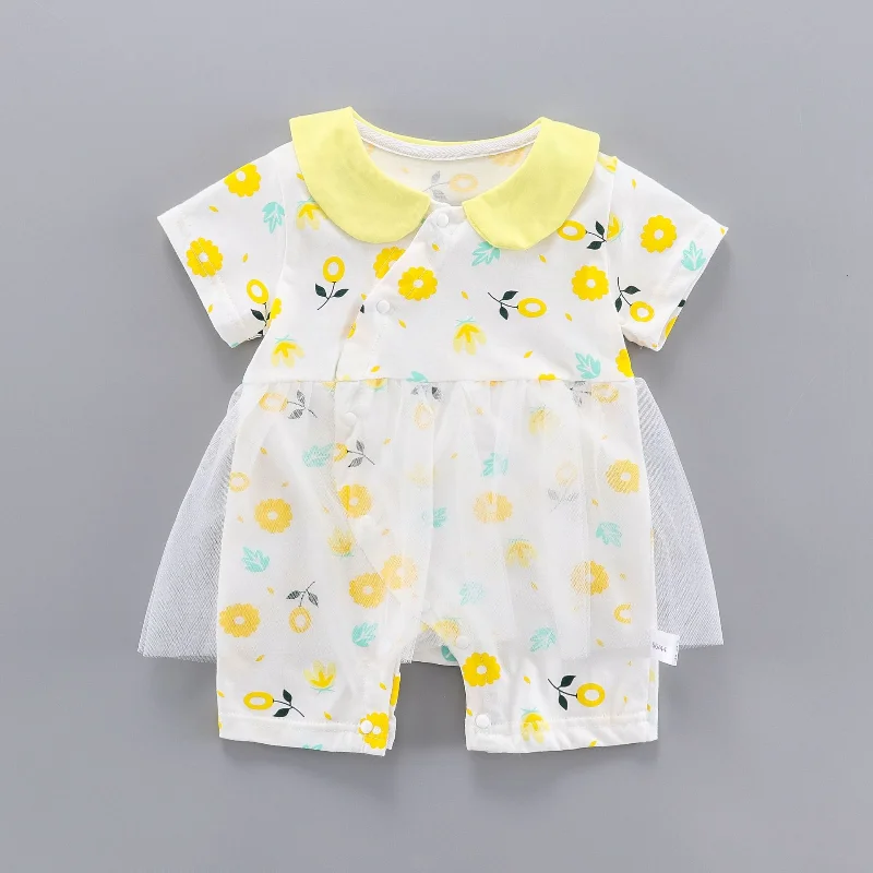 

Summer Baby Girl Romper Sweet Floral Print Patchwork Mesh Doll Collar Short Sleeve Baby Rompers Cotton Soft Baby Clothes 0-18M