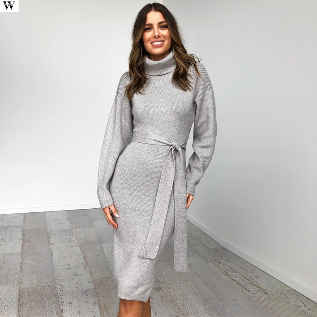 Женское осеннее платье с длинным рукавом и высоким воротником однотонное серое
