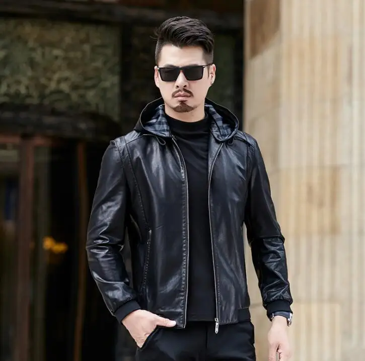 Hooded mens leather jacket slim motorcycle coat men jackets middle aged clothes jaqueta de couro street fashion autumn winter
