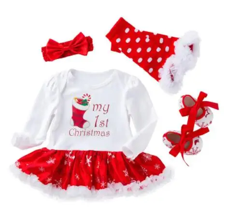 4pcs set Рождественское кружевное платье принцессы для маленьких девочек; комбинезон с длинными рукавами для новорожденных; платья с повязкой на голову; милый комбинезон для малышей; платье - Цвет: 4pcs set