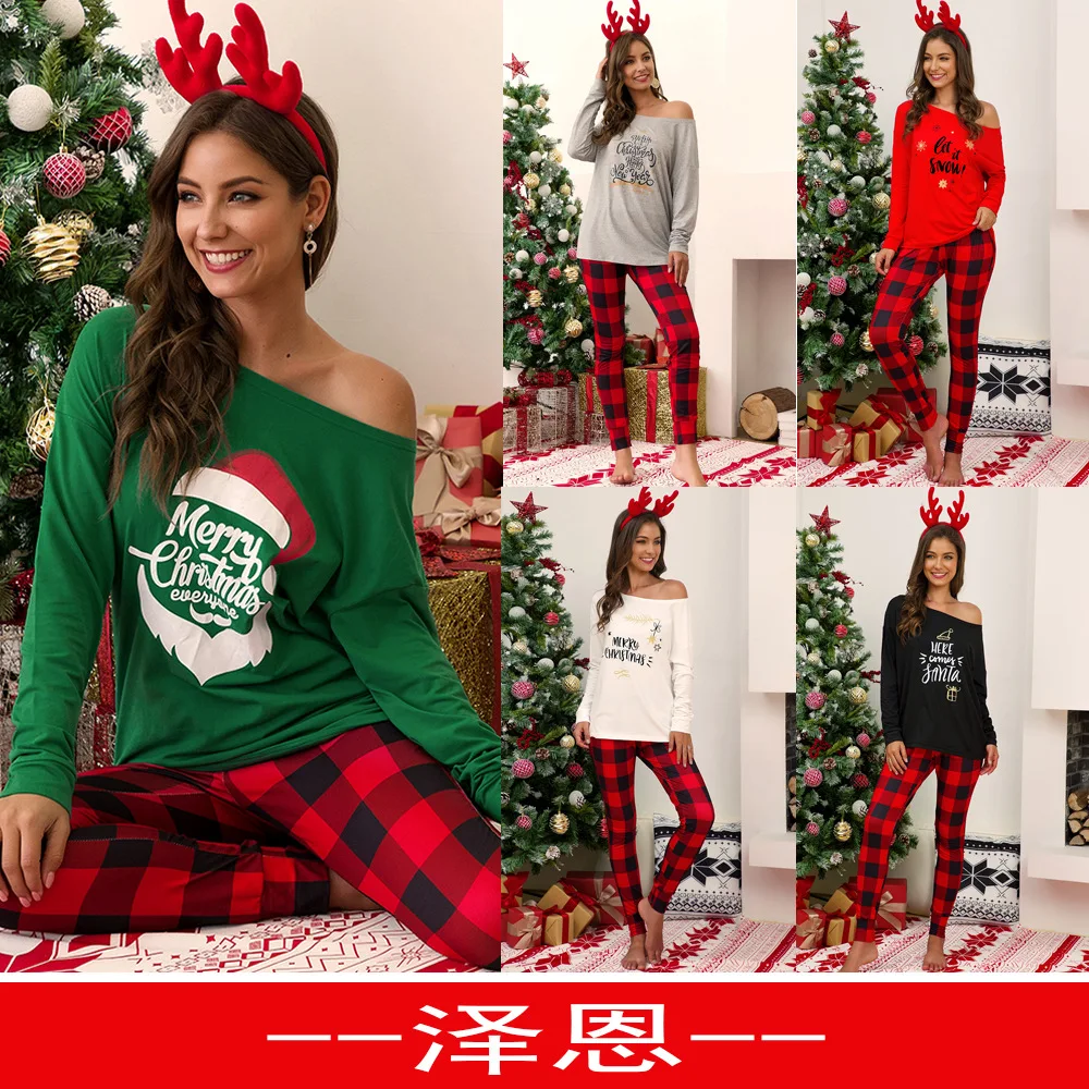 

Women Christmas Printed Pajamas Set Cotton Sleepwear Long Lattice Pants + One Shoulder Tops Pyjamas Women's Clothes Pyjamas