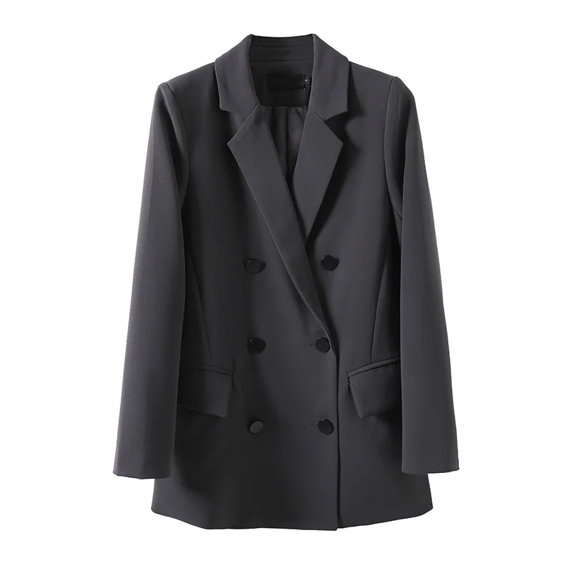 

Женский деловой пиджак, черного цвета, приталенный хлопковый пиджак средней длины с узким двубортным воротником, весна-лето