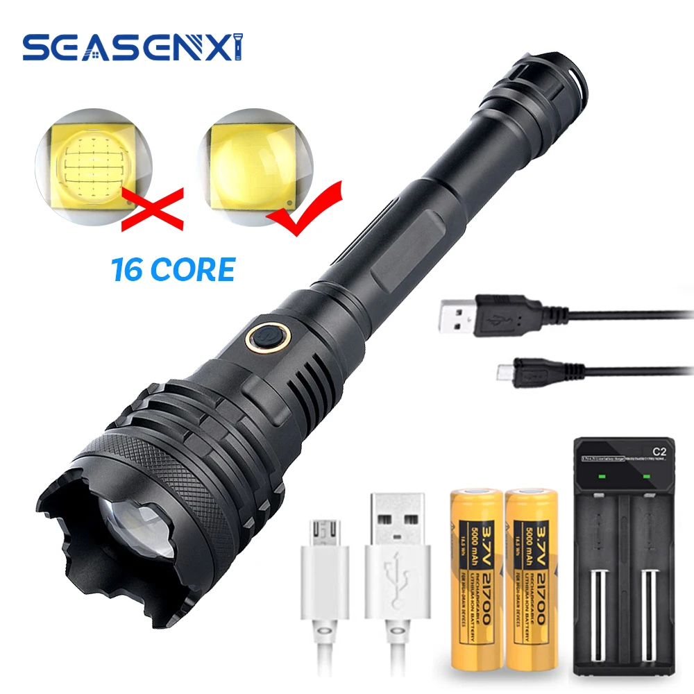 Precio SEASENXI Poderosa Linterna Flash Linterna Recargable Con USB De Caza Para Camping, Con Zoom Lámpara De 6000 Lúmenes De Luz Muy Brillante