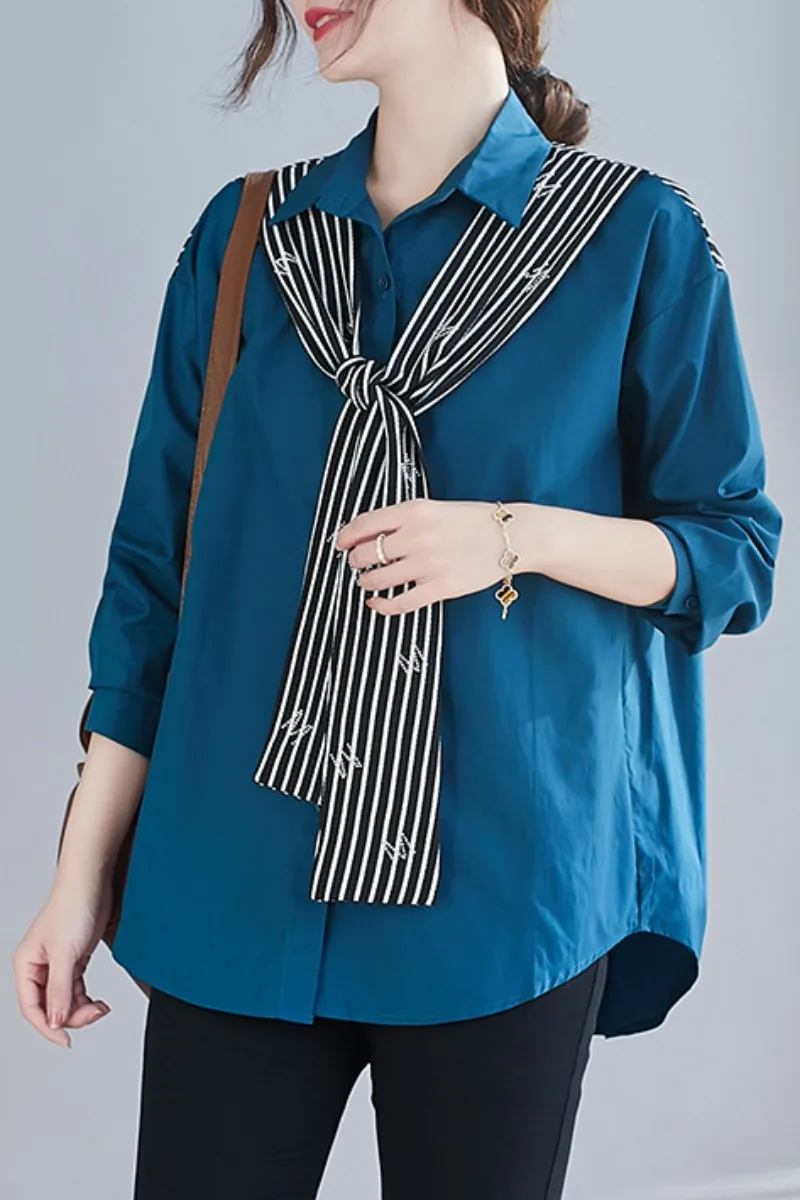 

LZMONE Large Size Design Loose Shirt 2021 Spring Foreign Style Hot Drill Shawl Style Fake Two Pieces Of Cotton And Linen Shirt