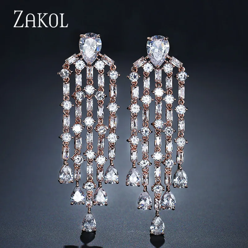 ZAKOL романтическая Женская/женская серьга, роскошные кубические циркониевые серьги белого цвета для невесты, ювелирные изделия с кисточками FSEP430 - Окраска металла: Rose Gold Color