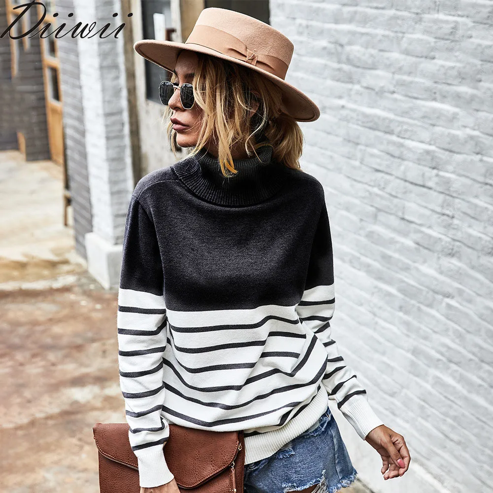 

Diiwii Women Style Autumn Winter Pullover Office High Neck Striped Long-Sleeved Sweater Blouse Korean Casual Slim Women Wear