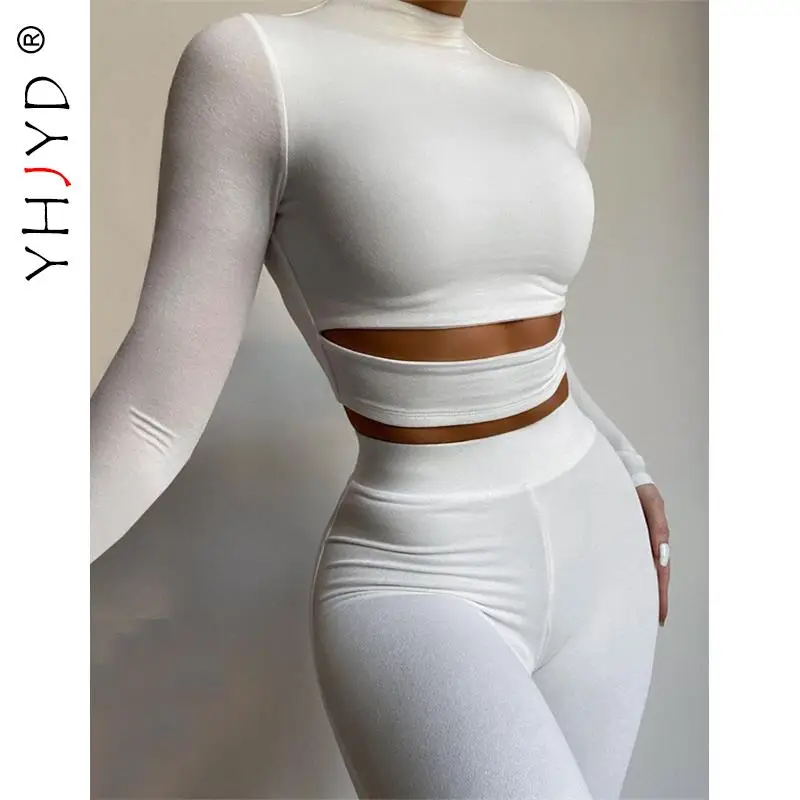 

YHJYD 2 Piece Sets Womens Outfits Cutout Long Sleeve Crop Top Pants White Black Athleisure Sports Wear Tracksuit