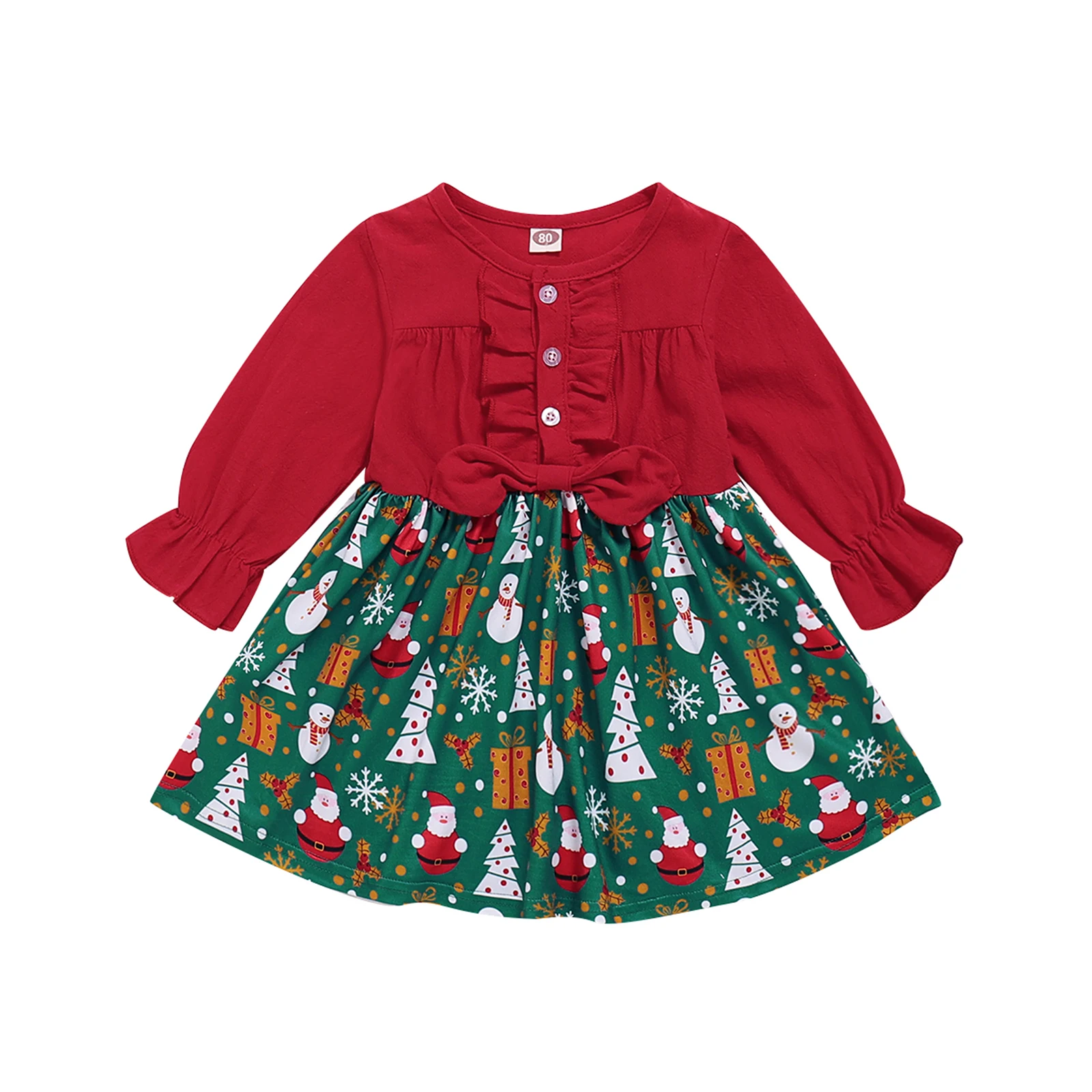 

Girl’s Casual Long Sleeve Dress Cartoon Christmas Print Stitching Round Neck A-line Dress