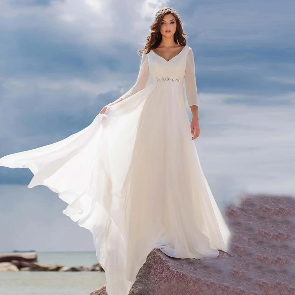 

Elegant Plus Size Chiffon Bridal Gowns 2021 Simple V-neck Long Sleeve Sweep Train Wedding Dress with Beading Mariage Beach