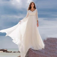 elegant plus size chiffon bridal gowns 2021 simple v neck long sleeve sweep train wedding dress with beading mariage beach