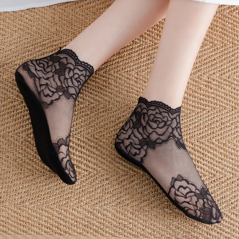 

5 парт/Лот, черные летние хлопковые женские носки, кружевные невидимые носки с листьями, тонкие женские кружевные носки-лодочки, нескользящие носки с вырезами
