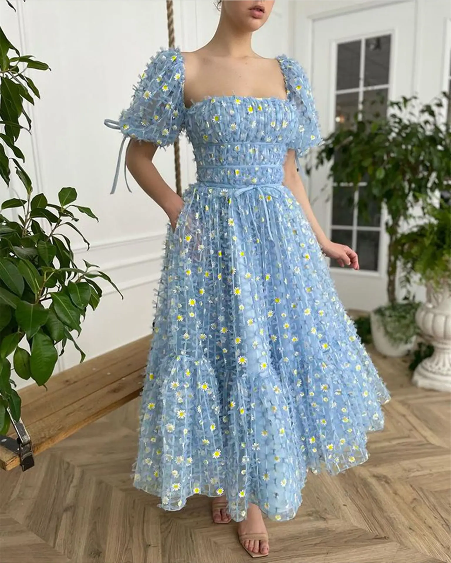 

Women Cute Puff sleeve Midi Floral Print Dress Vintage long Style Casual Loose Ball Gown Dresses For Party Vestidos