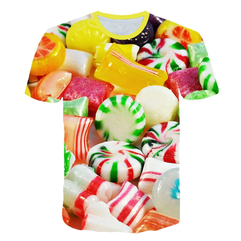 Новая летняя футболка с 3D принтом радуги и конфет рубашка ярких цветов с короткими рукавами для мальчиков и девочек разноцветная детская одежда с круглым вырезом для мальчиков и девочек