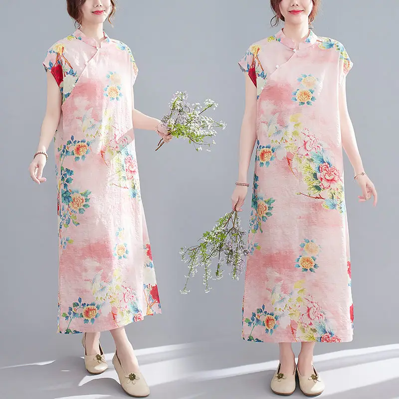 

2021 Summer New Retro Ethnic Printing Large Size Improved Cheongsam Dress Female Cotton And Linen Qipao Comfortable Robe zh1138