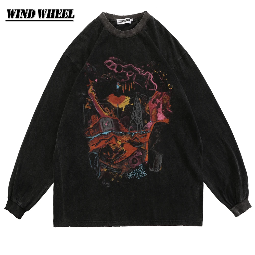 

Streetwear Fashion Women T-Shirt Hip Hop Oversize T-shirts Harajuku Graphic Print Tshirt Men Long Sleeve 2021 Autumn Washed Tees