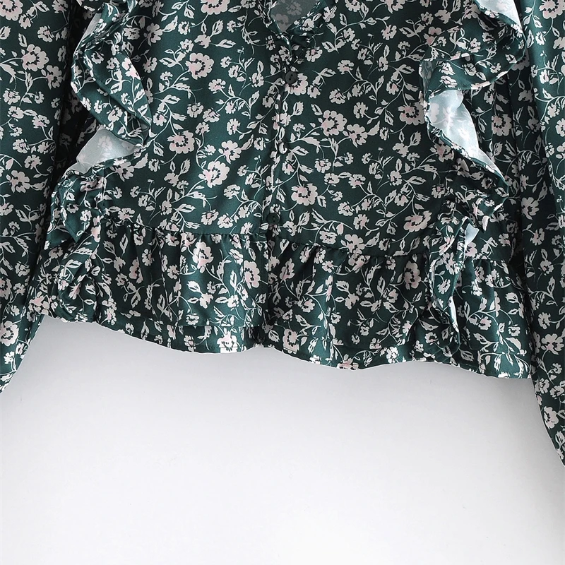 

YOSIBCD Women 2021 Chic Fashion Floral Print Cropped Blouses Vintage Long Sleeve Back Elastic Hem Female Shirts Chic Tops