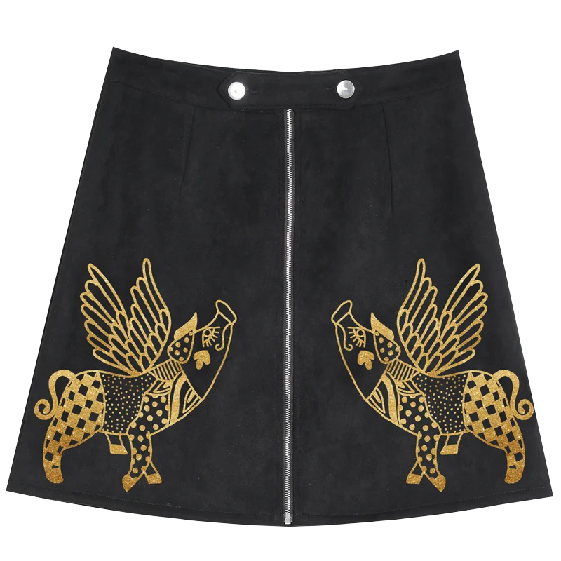 ELFSACK Black Pig Print Korean Style Women Mini Skirt Autumn Fashion Streetwear Bronzing Retro Vintage A Line Female Skirts