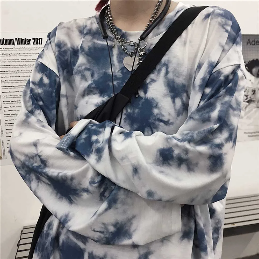 

Vintage Hip Hops Korean Style Women's Tie Dye Printed T-shirts Oversized M-3XL Loose Long Sleeve Tee Tops WDC5904