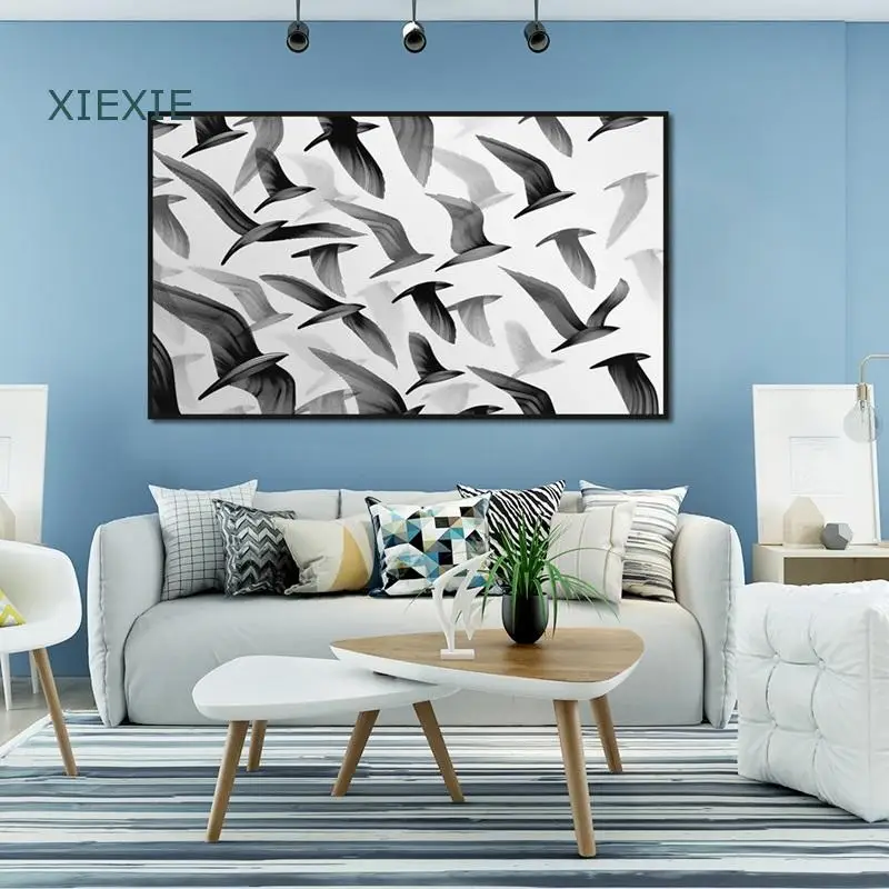 

Black and White Canvas Painting Abstract Animal Flying Bird Poster Minimalist Hanging Wall Art Modern Home Room Decoration