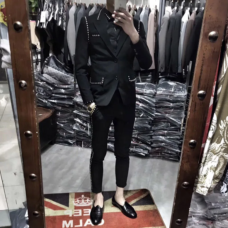 

Trajes De Hombre British Style Slim Suit Two-piece Suit Nightclub Rivet Coat Smoking Homme Mariage Fashion Korea Suit Male