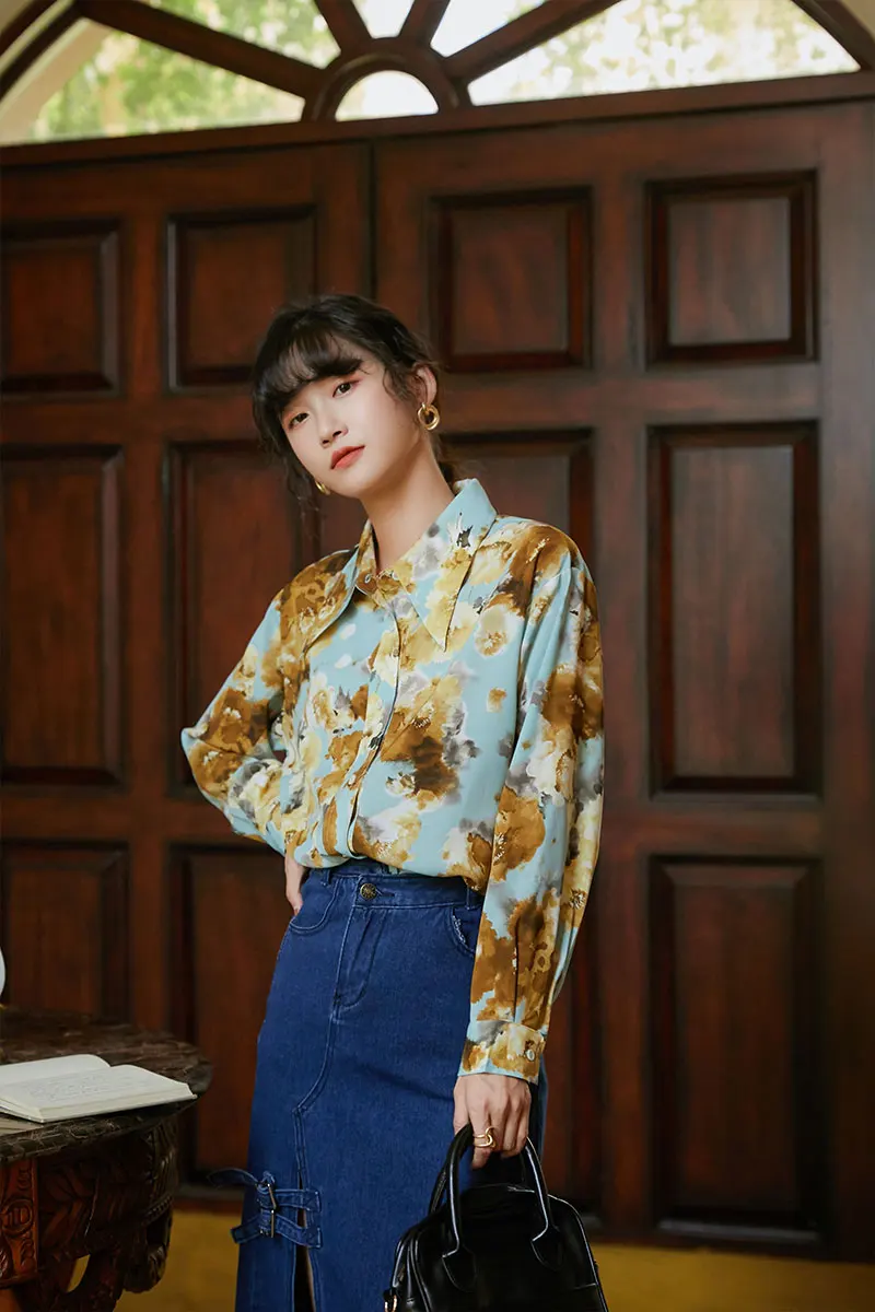 Perilla плавающая зеленая рубашка с ретро принтом женский дизайн чувство ниши в