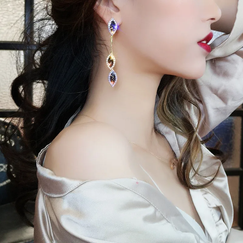 Блестящие циркониевые серьги в виде листьев с дьявольским глазом Простые