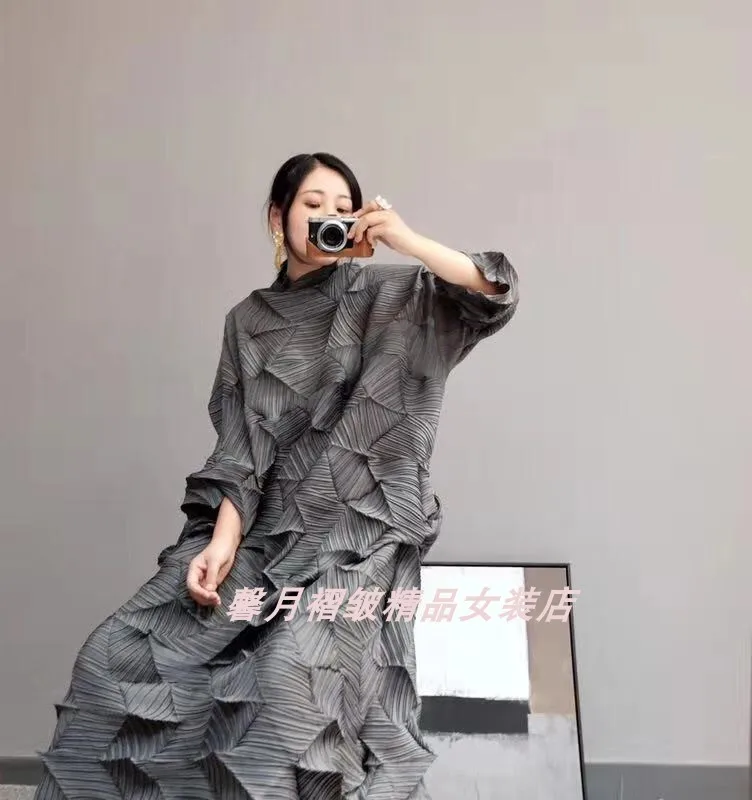Горячая Miyake модное платье со складками со стразами, однотонное Свободное длинное платье со стоячим воротником