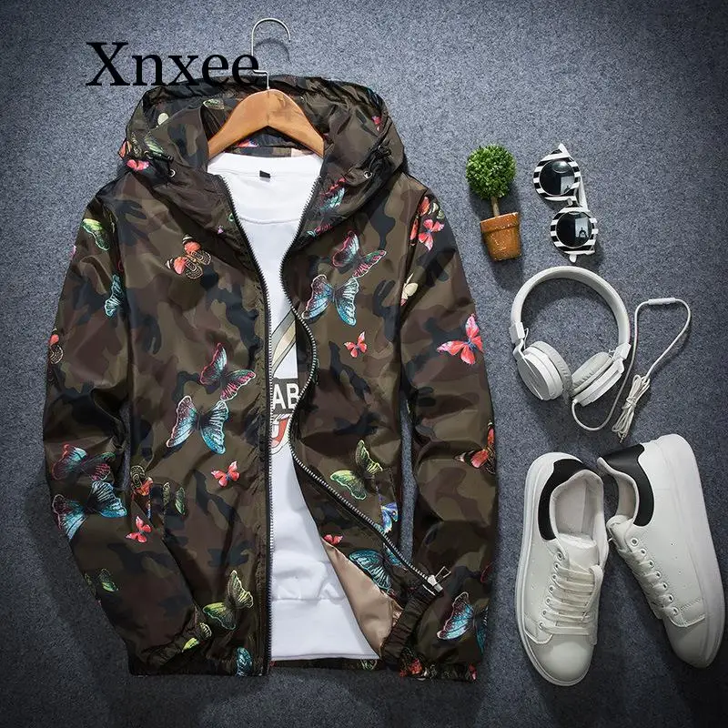 

Mens Casual Camouflage Hoodie Jacket New Autumn Butterfly Print Clothes Men's Hooded Windbreaker Coat Male Outwear