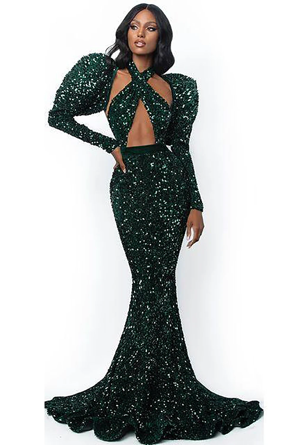 

2021 Aso Ebi Dark Green Sequin Prom Dresses Long Sleeves Mermaid Evening Party Dress Plus Size vestidos robes de soirée EV138