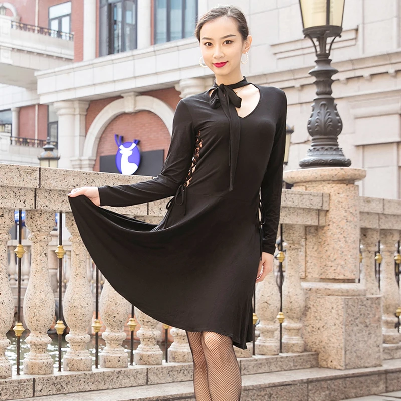 Платье для латинских танцев женское взрослое элегантное черное/леопардовое с