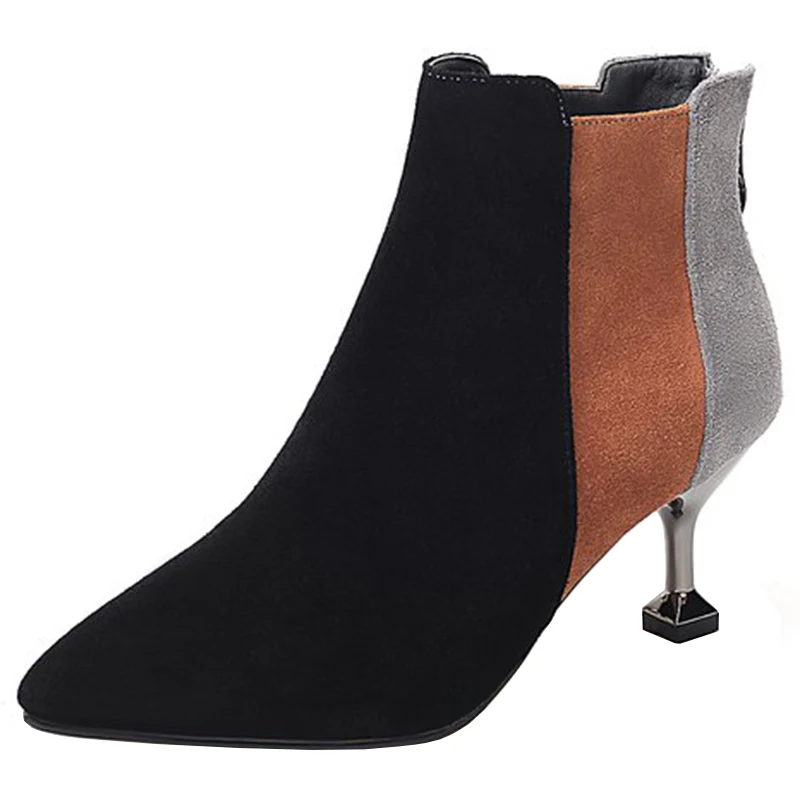 women shoes beige new winter pointy frosted ankle boots fashion monochrome heeled high-heeled Martin booties | Обувь