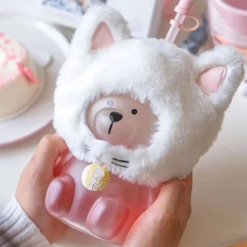 

Star Papa Cup Cat Headgear Pink Gradient Bear Glass Cup With Straw Cup Catoon Beer Cute Milk Water Bottle Tumbler