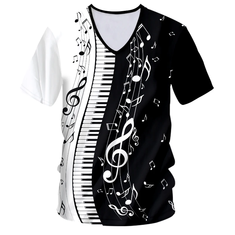 Moda erkekler piyano v yaka tişört müzik estetik Tshirt erkek kadın 3D baskı klavye Harajuku Tee gömlek Homme üstleri Dropshipping