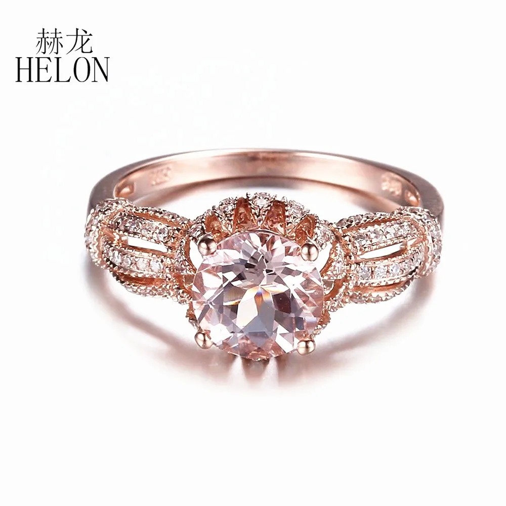 

HELON Solid 14K розовое золото AU585 безупречный Круглый 7 мм натуральный морганит драгоценный камень кольцо Свадебные бриллианты кольцо элегантные...