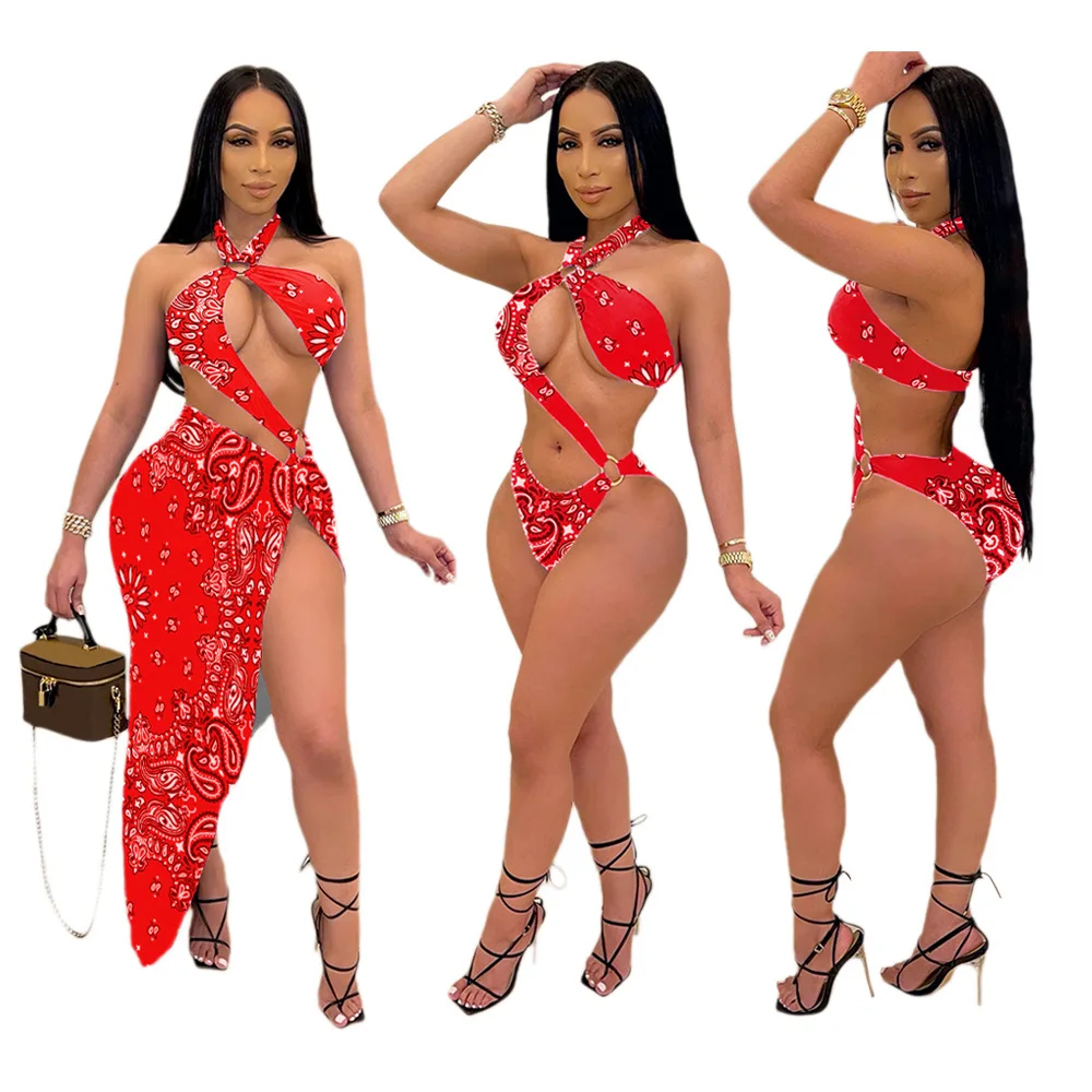 

Adogirl Fashion Print Two Piece Set Halter Hollow Out Bodysuit And Cover Up Maix Skirt 2021 Summer Swimsuit Beach Woman Clothes
