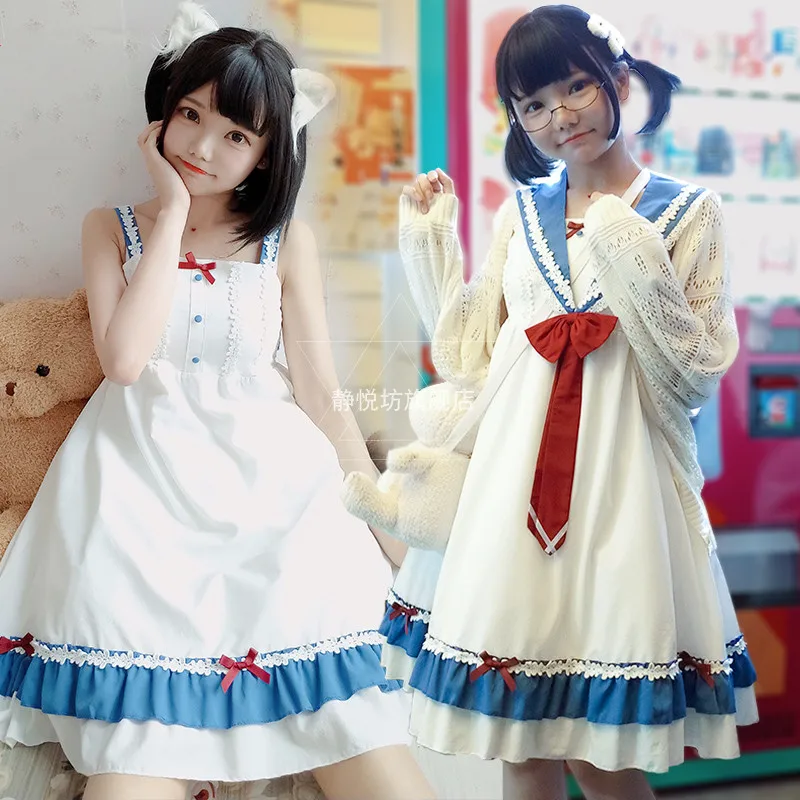 

Japanese college style sweet lolita dress navy collar bowknot high waist victorian dress kawaii girl gothic lolita jsk loli cos