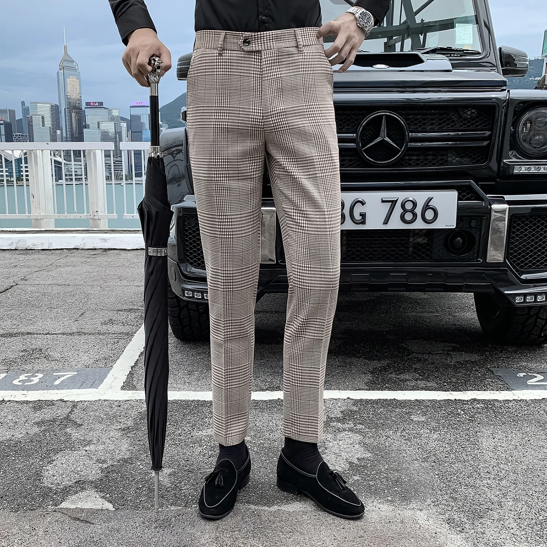 

Korean Men's Trousers Slim Feet Casual Business Dress Pants Office Social Plaid Trousers Streetwear Wedding Non-iron Suit Pants