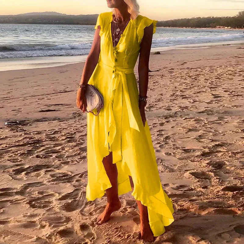

Spring Elegant V Neck Irregular Maxi Dress Summer Solid Ruffle Beach Dresses Belt Women Casual Butterfly Short Sleeve Long Dress