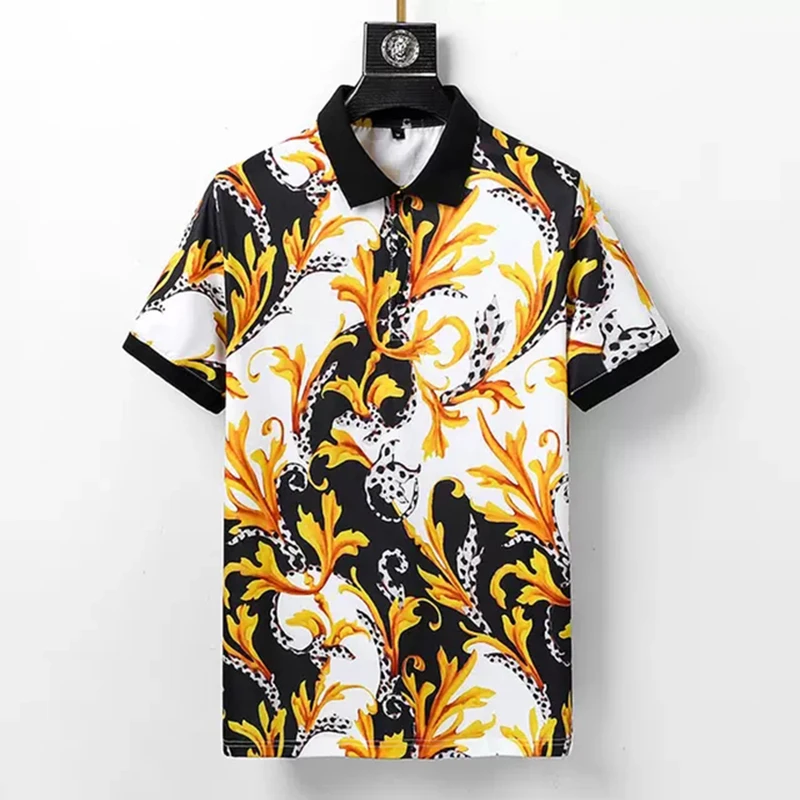 

Hot Sale Summer Men's Lapel Polo Luxury Design High Stretch Short Sleeve 100% Cotton Golden Floral Top Heavy Craft T-Shirt