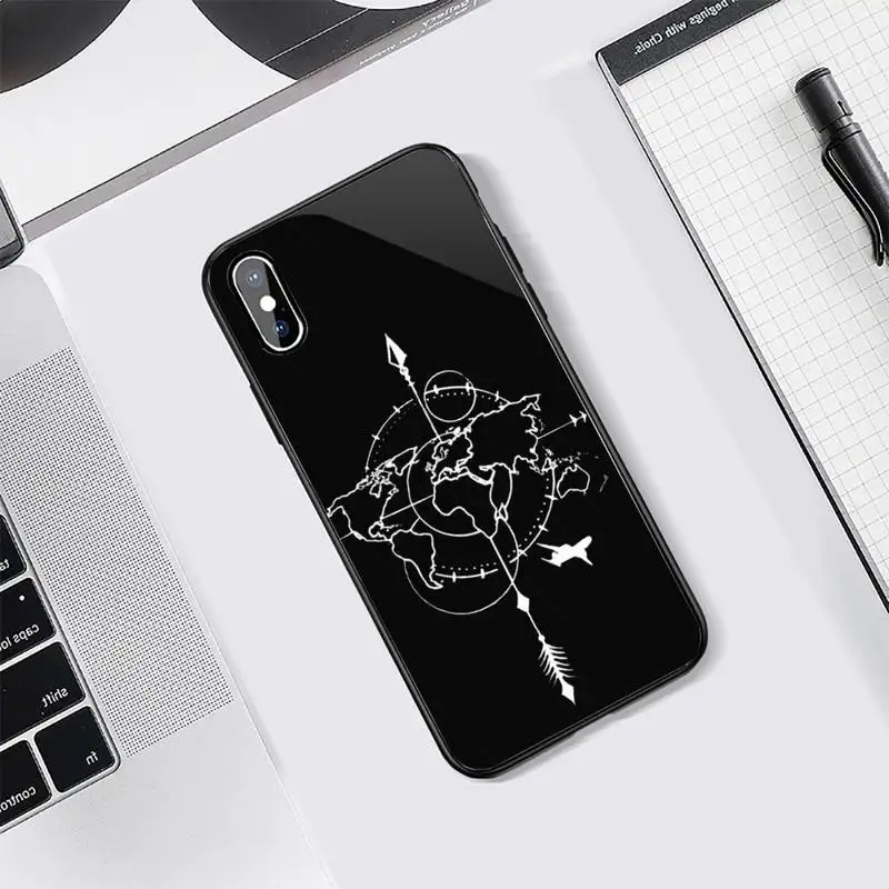 

world map travel Black and white simplicity Phone Case Tempered glass For iphone 5C 6 6S 7 8 plus X XS XR 11 PRO MAX