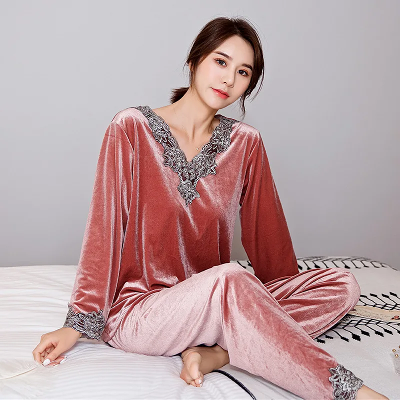 

2021 Autumn New Women Pajamas Set Velvet Sleepwear Nightwear Lace Pijamas Suit Casual Shirt&Pants Bathrobe Velour Homewear