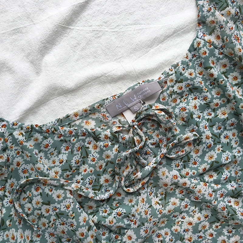 Винтажная Хлопковая женская блузка с зеленым цветочным принтом облегающая