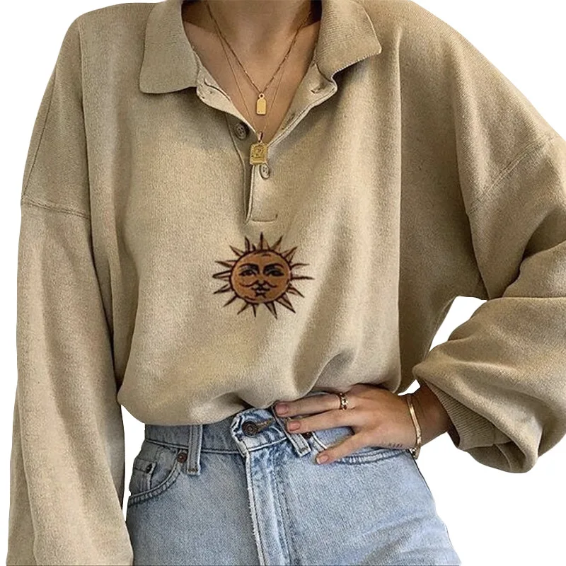 

Women Girls New Preppy Style Casual Streetwear Brand Fashion Vintage Sun Embroidered POLO Collar Oversized Sweatshirt