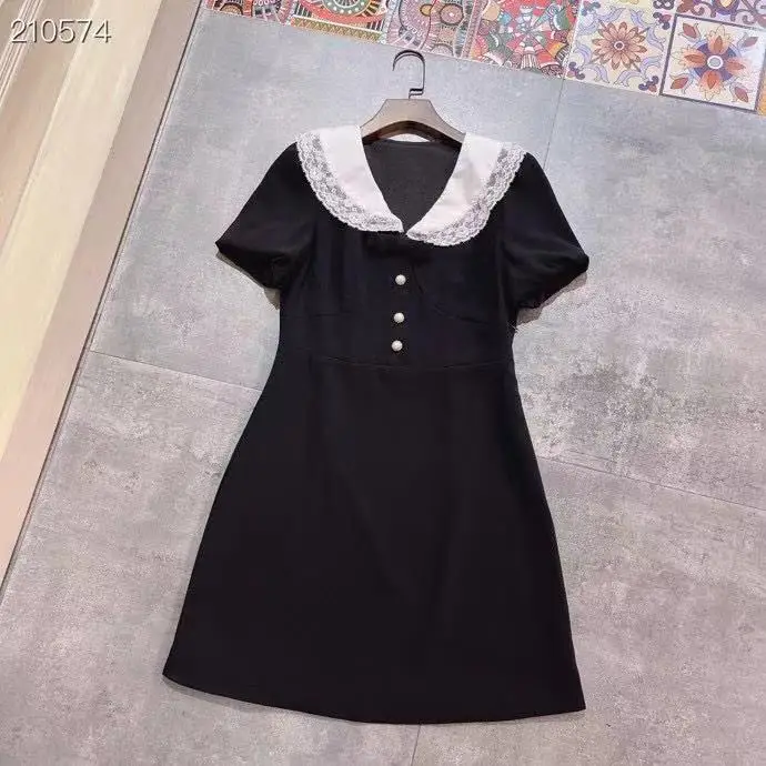

2021 New Spring / Summer Runway Women's Clothings V-Neck Short Sleeve Lace Embroidery Collar Black Mini Sexy Cute Dress