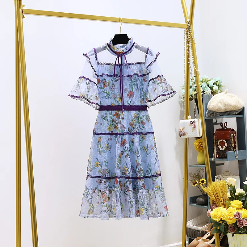 

JSXDHK Designer Runway Women Flower Print Dress 2020 New Summer Mesh Ruffles Patchwork Lace Dresses Fashion Stand Collar Dress