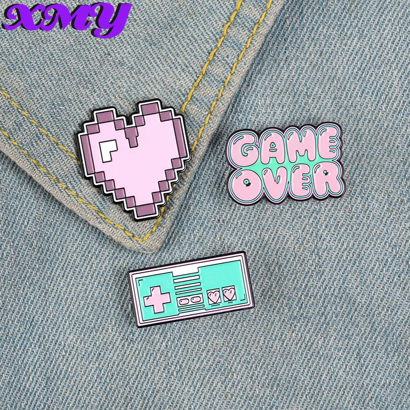 

Pink Game Enamel Pin Bag Badge Heart Game over Brooches Clothes Lapel pin Custom Cartoon Retro Vintage Jewelry Gift for girls