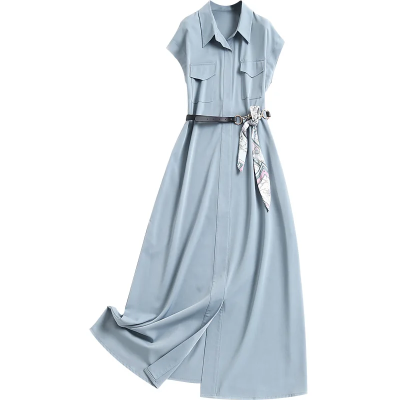 

SHUCHAN Shirt Dress for Women Party Office Lady Sashes Turn-down Collar Summer Lanon Vintage Tunic Womens Long Dresses