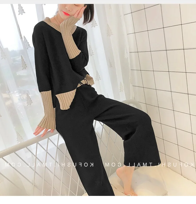 2019 Autumn And Winter Sports Suit New Sweater Women's V-neck Pullover Loose Two-piece Lace-up Pants | Женская одежда