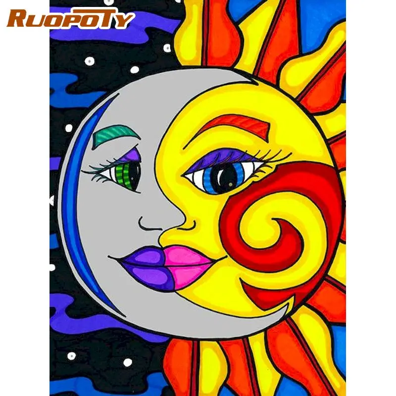 

RUOPOTY 60x75cm pictures by numbers Sun and Moon landscape DIY Frame Painting by numbers Home Decor Wall Art For Gift