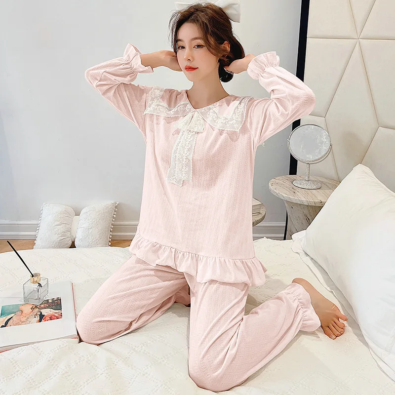 

Sweet Turn-Down Collar Lace Bow Lady Pajamas Sets 2PCS Bride Cotton Pyjamas Suit Ruffles Sleepwear Nightwear Spring Home Wear
